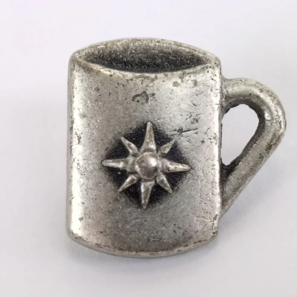 Set of 2 Pewter Coffee Tea Pot‎ & Cup Lapel Tack Pins, Converted Buttons, Star